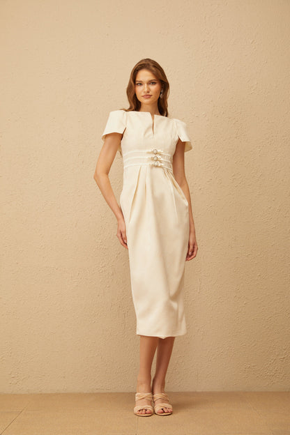 Antoinette Neutral Floral Jacquard Bowknot Midi Dress