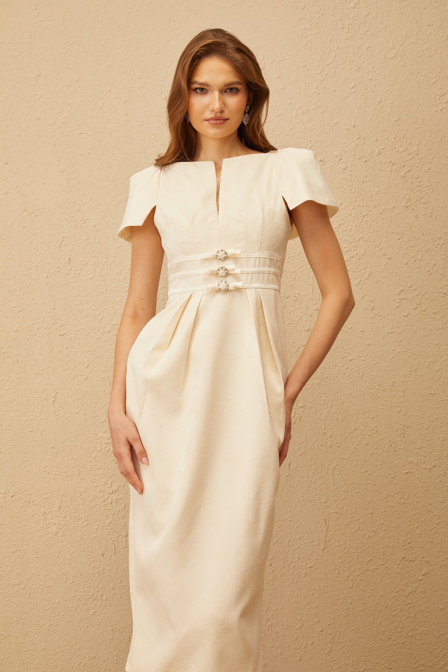Antoinette Neutral Floral Jacquard Bowknot Midi Dress