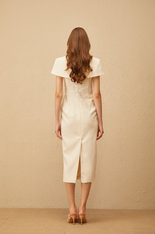 Antoinette Neutral Floral Jacquard Bowknot Midi Dress