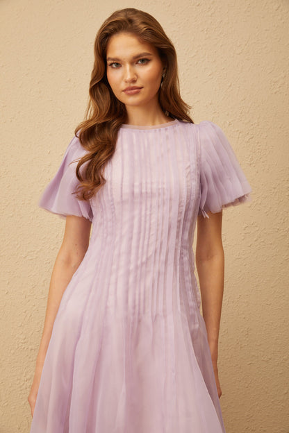 Léna Light Purple Pleated Organza Midi Dress