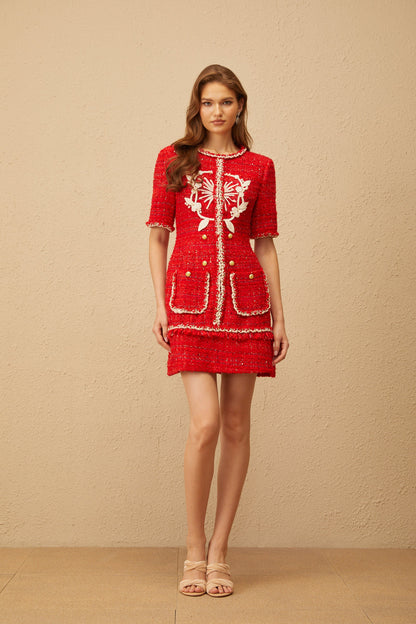 Aurore Red Floral Appliqué Tweed Mini Dress