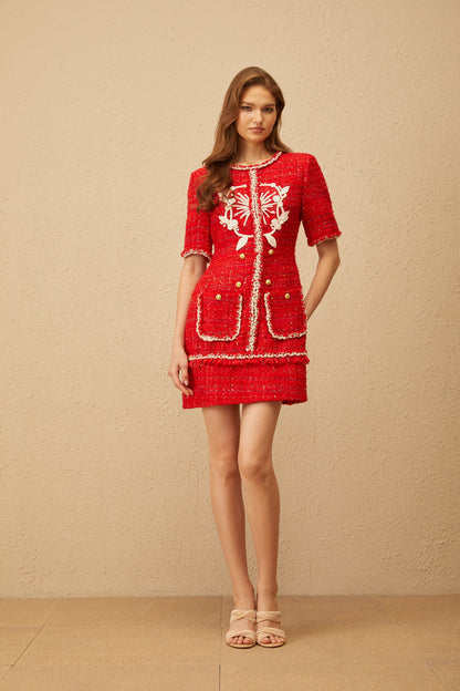 Aurore Red Floral Appliqué Tweed Mini Dress