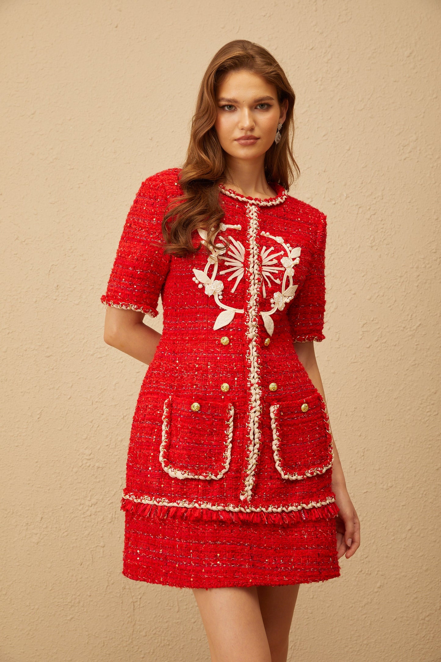Aurore Red Floral Appliqué Tweed Mini Dress