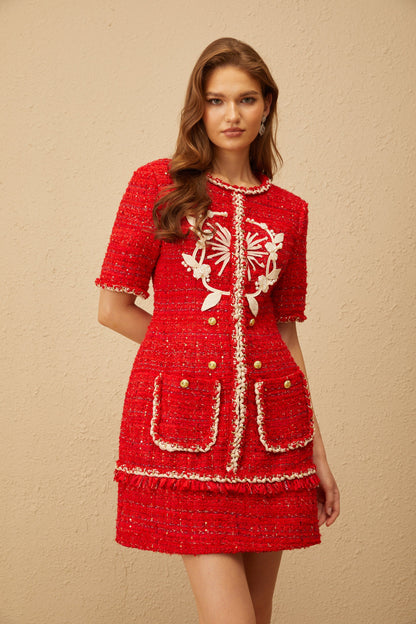 Aurore Red Floral Appliqué Tweed Mini Dress