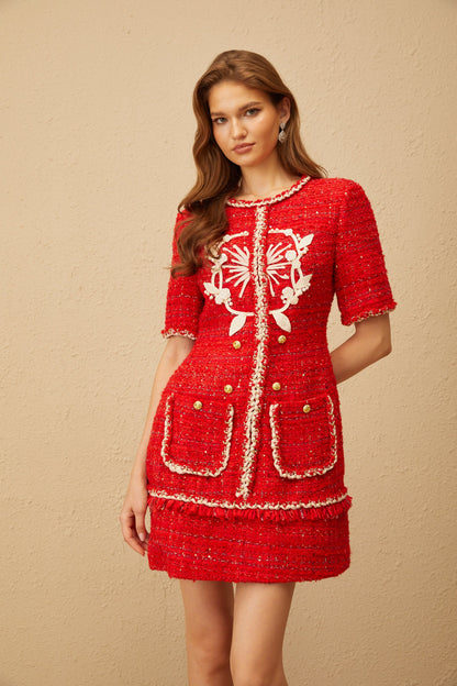 Aurore Red Floral Appliqué Tweed Mini Dress