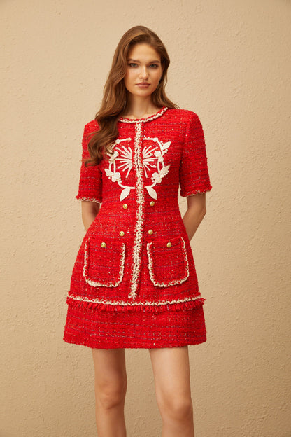 Aurore Red Floral Appliqué Tweed Mini Dress