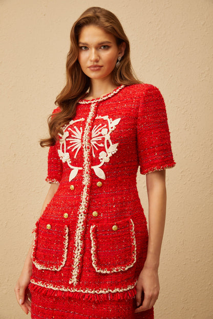 Aurore Red Floral Appliqué Tweed Mini Dress