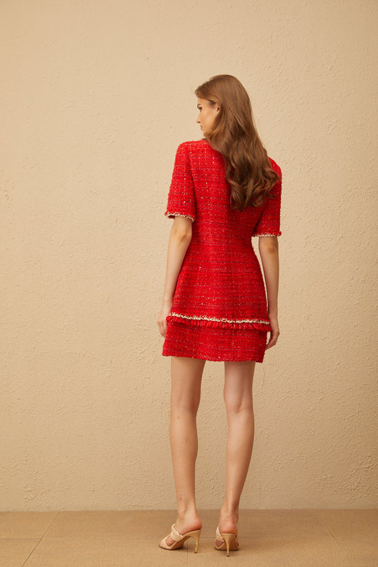 Aurore Red Floral Appliqué Tweed Mini Dress