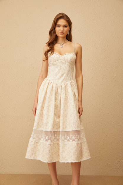 Caroline Neutral Lace Trim Floral Midi Dress