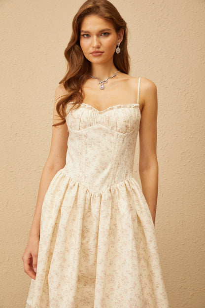 Caroline Neutral Lace Trim Floral Midi Dress