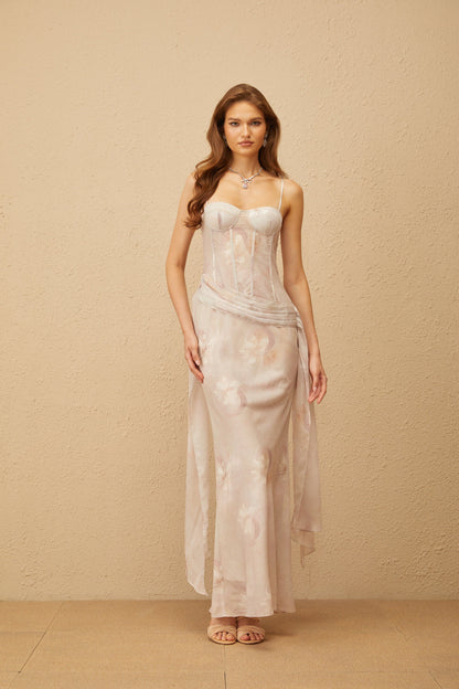 Emeline Grey Floral Print Corset Maxi Dress