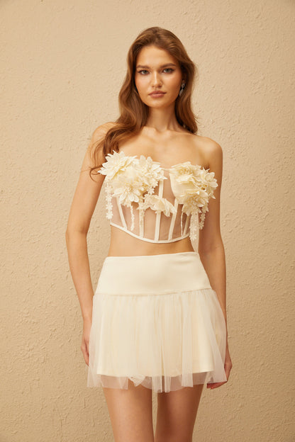 Ivonne White Floral Appliqué Tulle Top & Skirt Set
