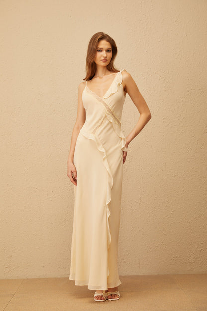 Mathilde Neutral Aysmmetrical Ruffled Trim Maxi Dress