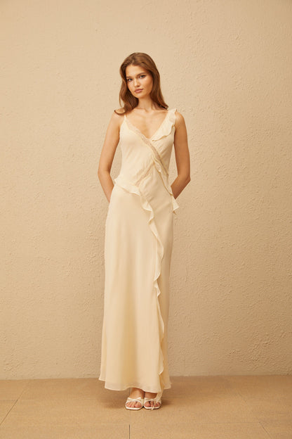 Mathilde Neutral Aysmmetrical Ruffled Trim Maxi Dress