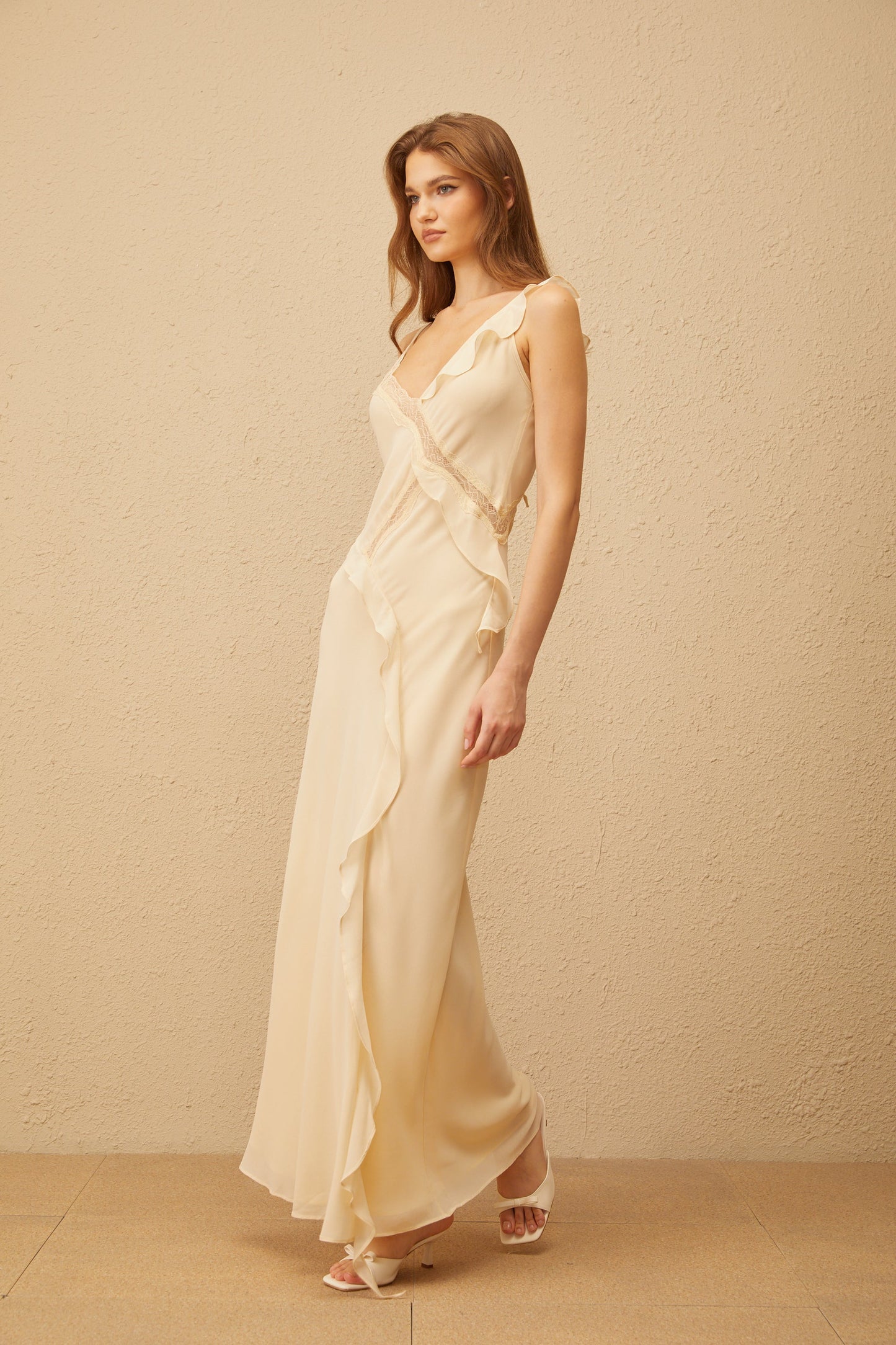 Mathilde Neutral Aysmmetrical Ruffled Trim Maxi Dress