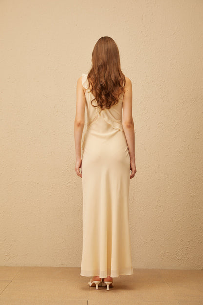 Mathilde Neutral Aysmmetrical Ruffled Trim Maxi Dress