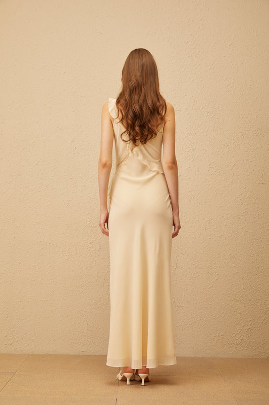 Mathilde Neutral Aysmmetrical Ruffled Trim Maxi Dress