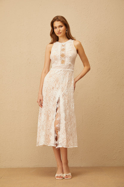 Cerise White Open Back Floral Lace Midi Dress