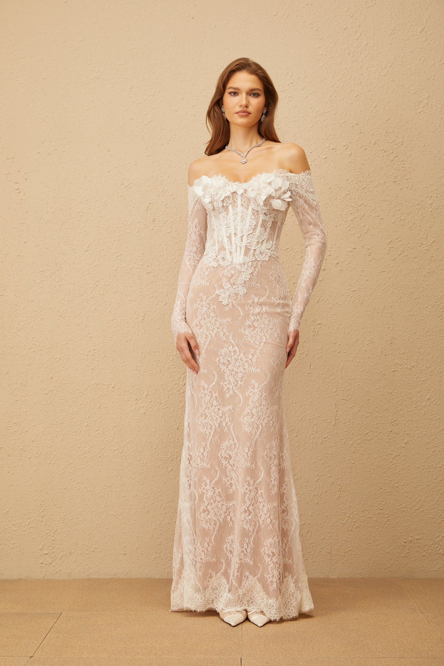 Carmen White Embellished Floral Lace Maxi Dress
