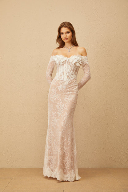 Carmen White Embellished Floral Lace Maxi Dress
