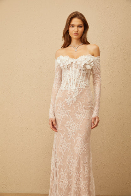 Carmen White Embellished Floral Lace Maxi Dress