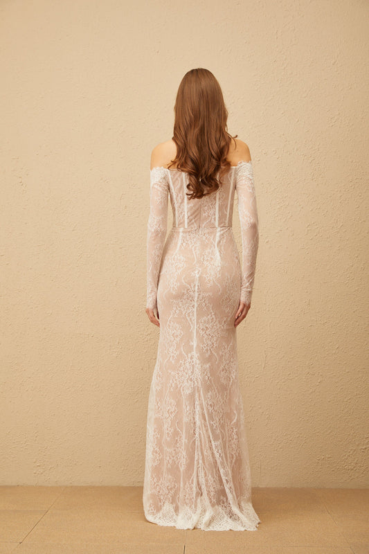 Carmen White Embellished Floral Lace Maxi Dress