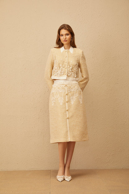 Catalina Neutral Floral Jacquard Tweed Jacket & Skirt Set