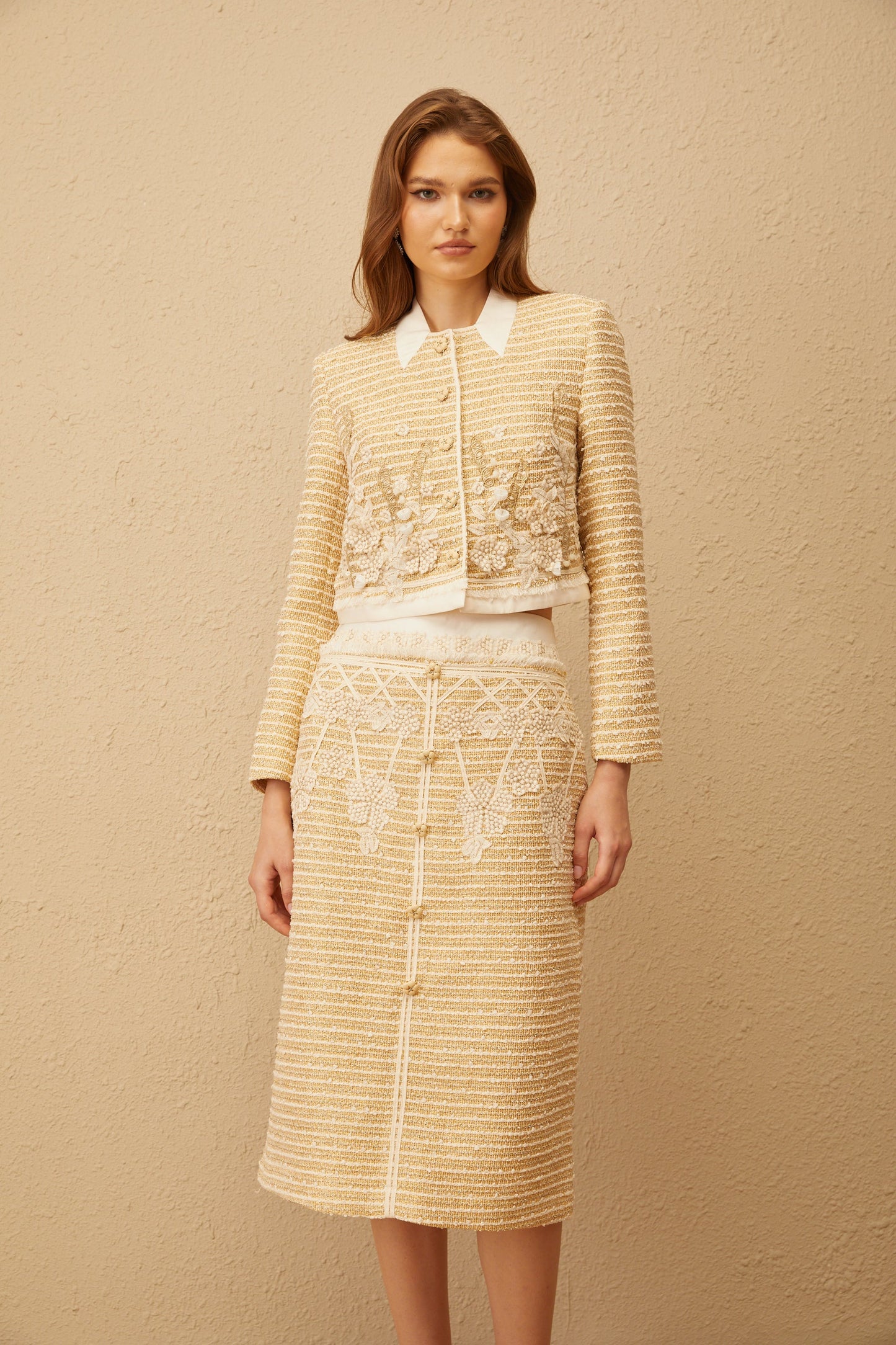 Catalina Neutral Floral Jacquard Tweed Jacket & Skirt Set