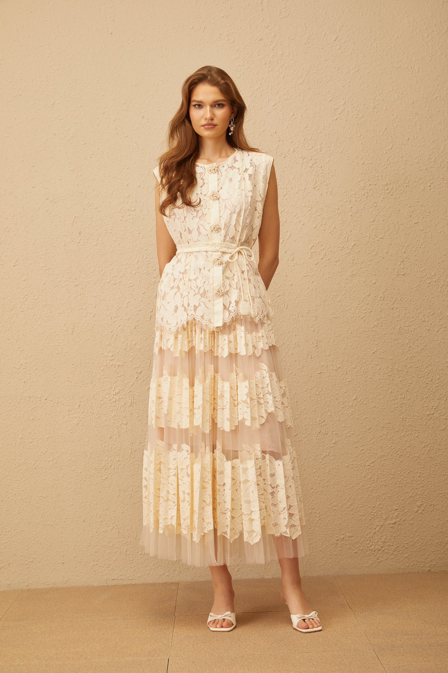 Odette Neutral Floral Lace Top & Skirt Set