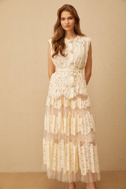Odette Neutral Floral Lace Top & Skirt Set