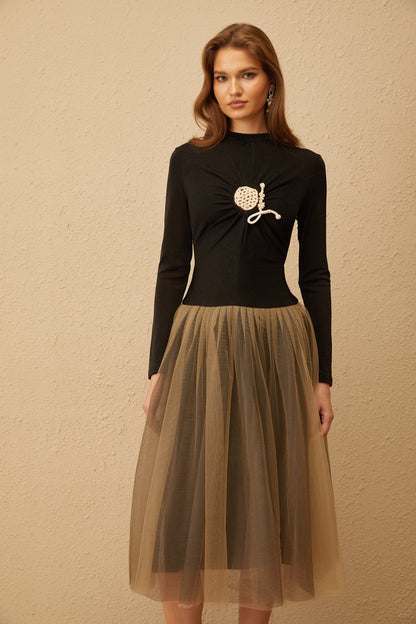 Cézanne Black Crochet Detail Tulle Panel Midi Dress