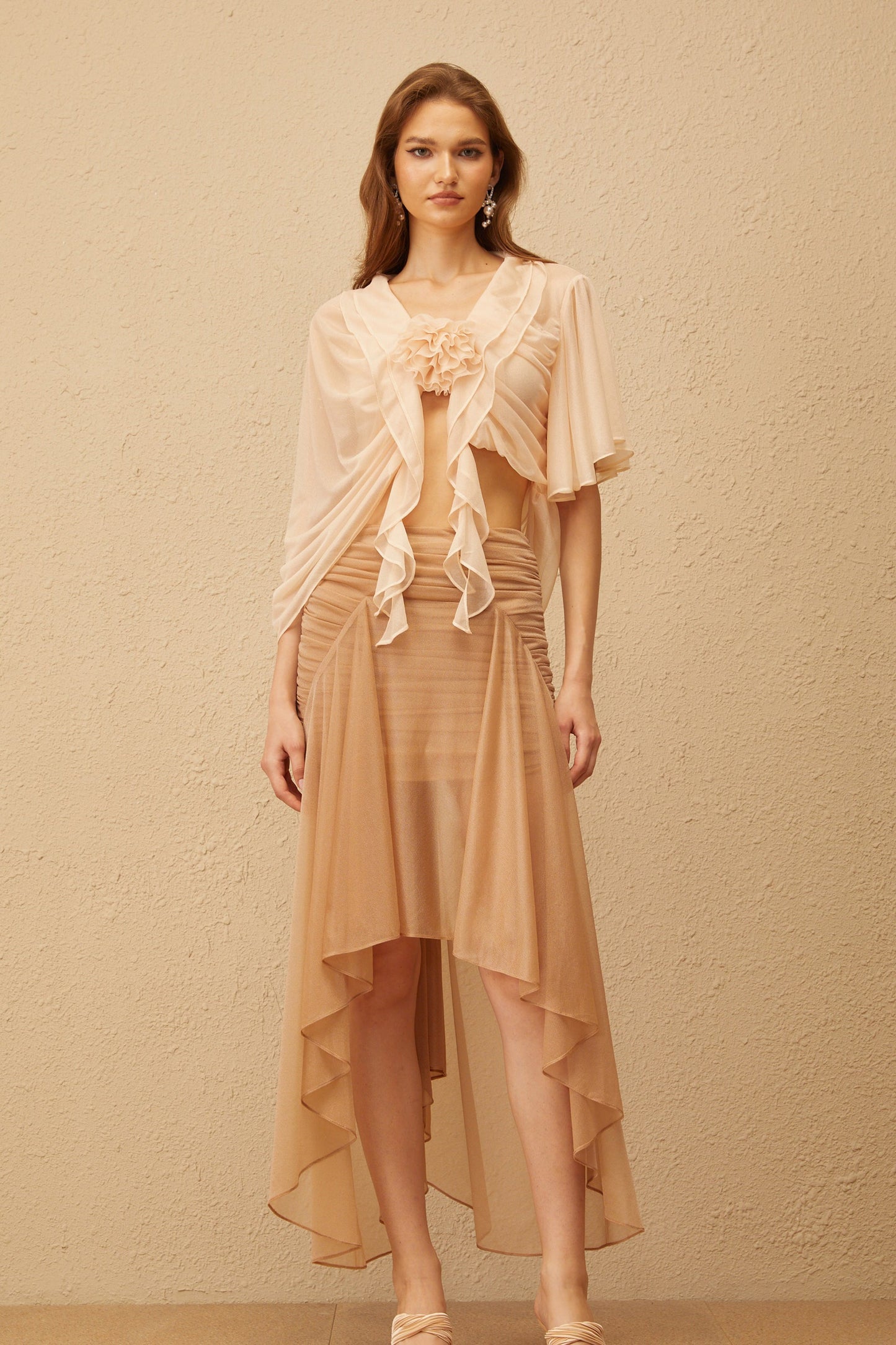 Zélie Neutral Ruched Ruffled Hem Midi Skirt