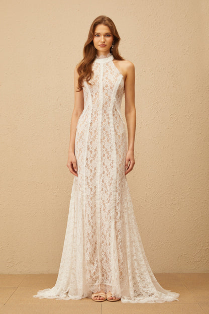 Gaëlle White Train Design Lace Maxi Dress