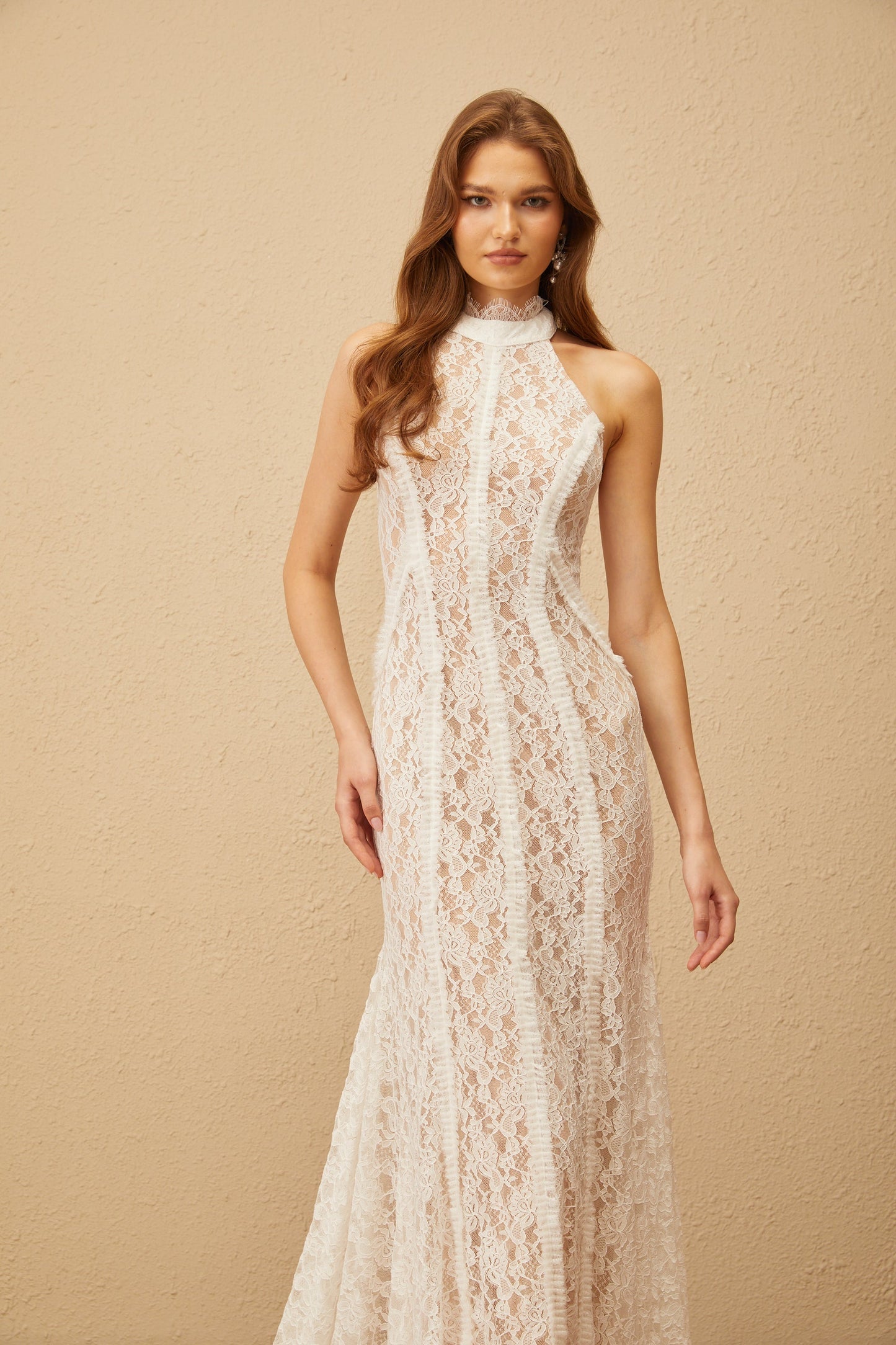 Gaëlle White Train Design Lace Maxi Dress