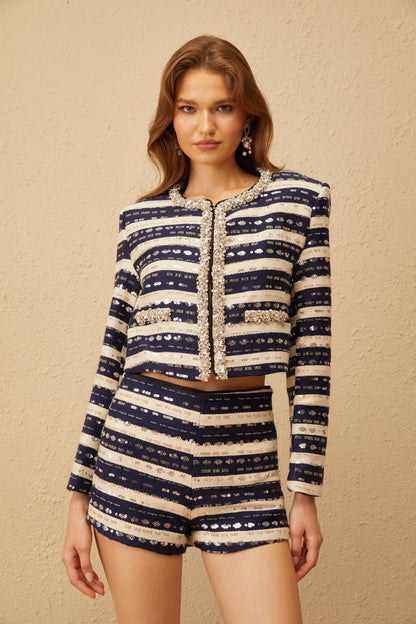 Solène Blue Embellished Striped Jacket & Shorts Set