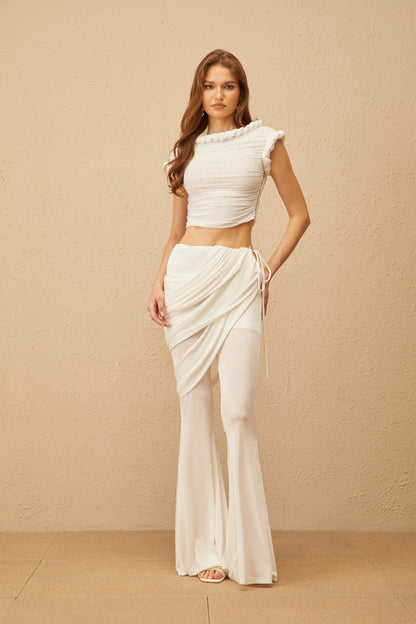 Lisette White Rhinestone Braided Ruched Top & Trousers Set