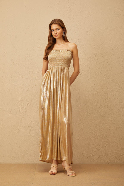 Tiphaine Gold Glossy Smocked Panel Midi Dress