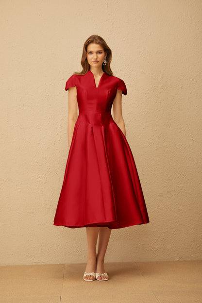 Aventin Red Godet Design Midi Dress