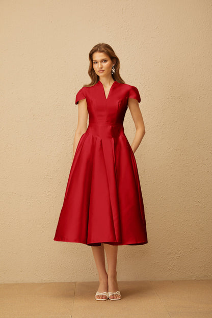 Aventin Red Godet Design Midi Dress