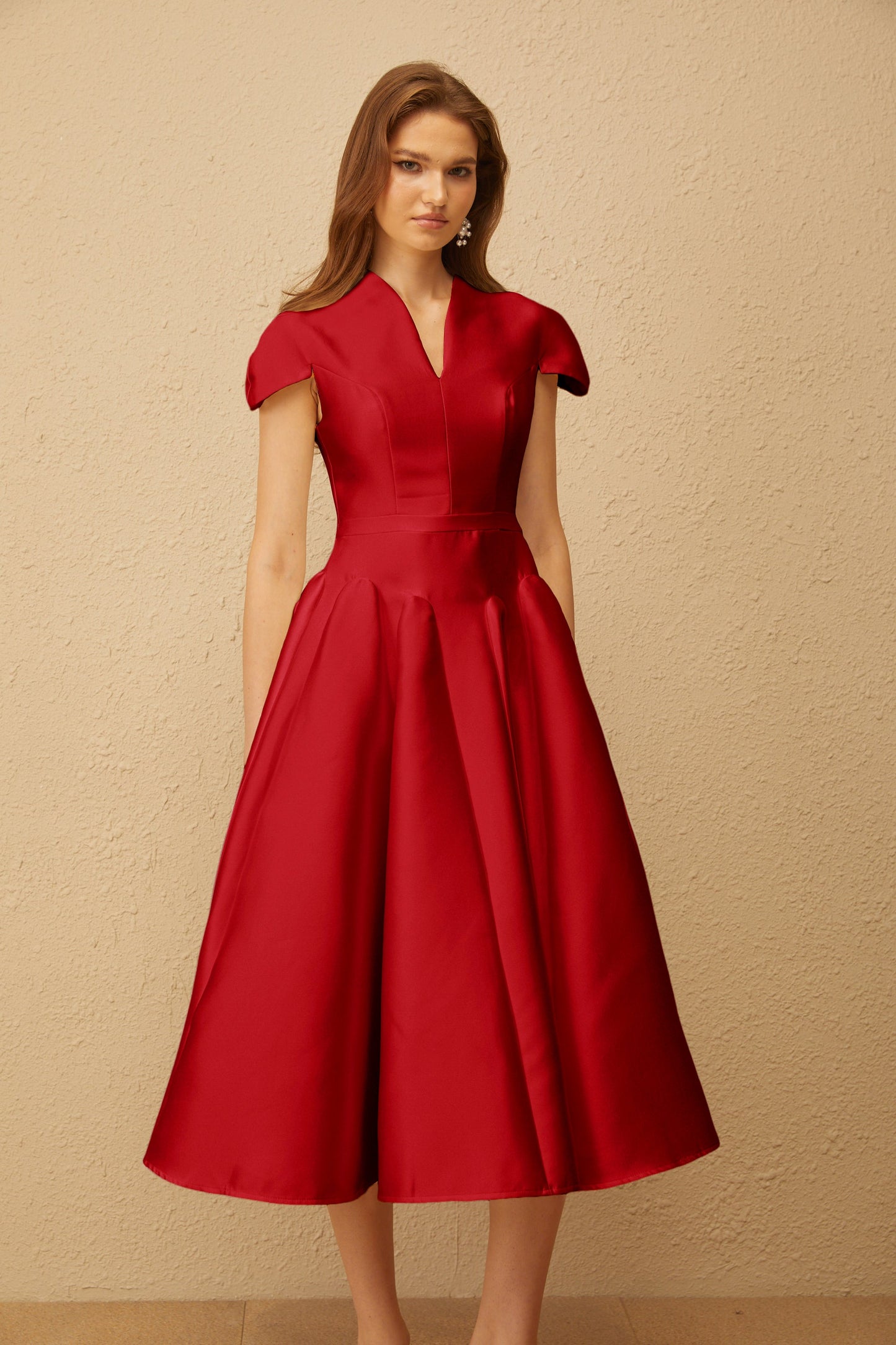 Aventin Red Godet Design Midi Dress