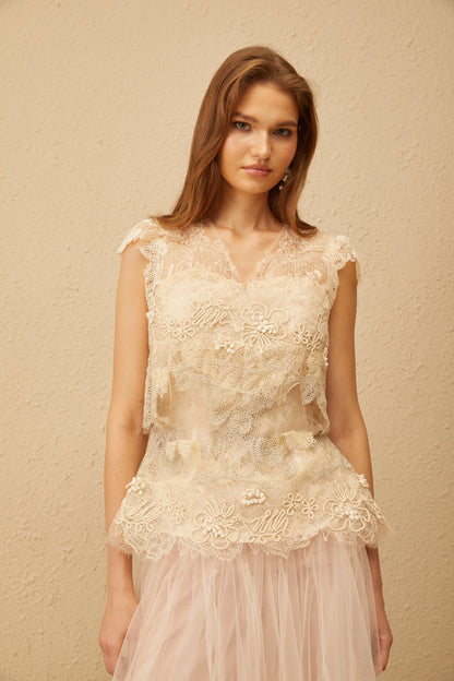 Marin Neutral Crochet Floral Tulle Top & Skirt Set