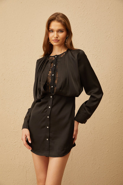 Prune Black Sequin Lace Panel Mini Dress