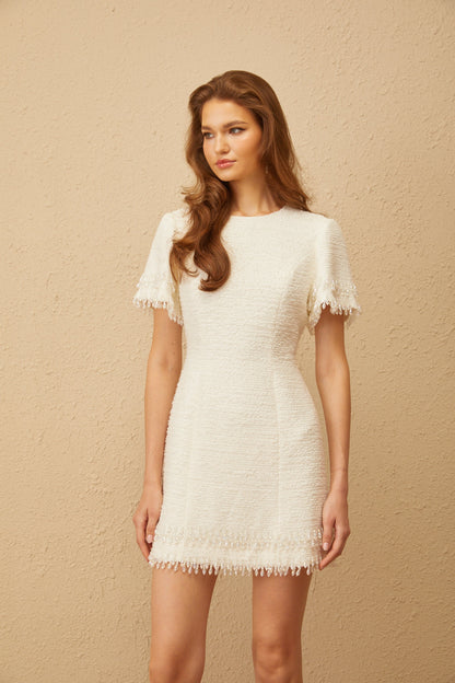 Zephyrine White Fringed Tweed Mini Dress