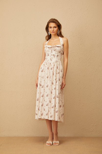 Eugénie White Polka Dot Floral Midi Dress