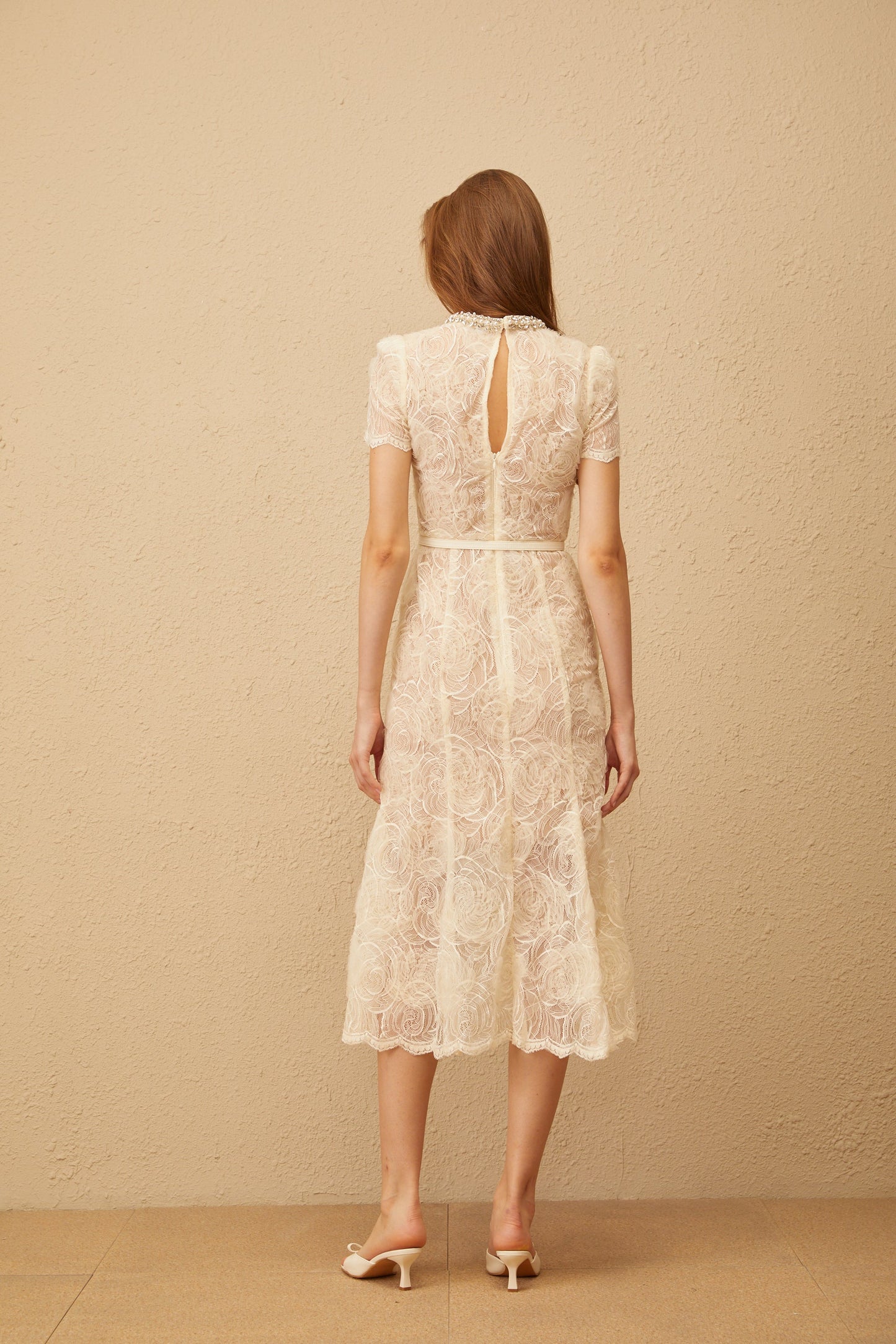 Félicie White Embellished Floral Lace Midi Dress