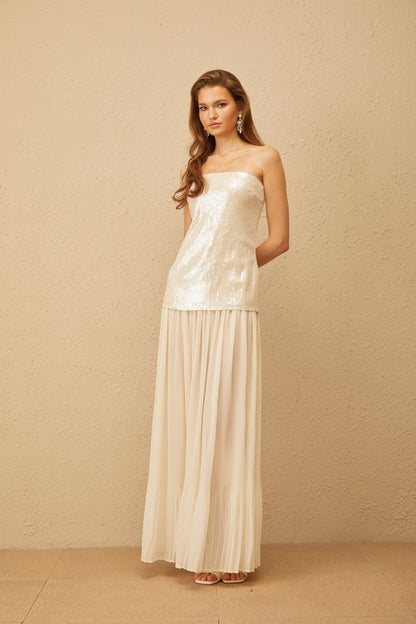 Isoline Neutral Sequin Corset Maxi Dress