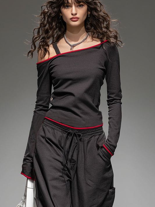 Casual Contrast-edged Long-sleeved Top And Wide-leg Pants Set