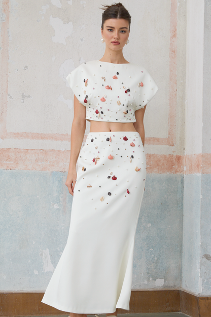 Delphine white shell-embellished top & skirt matching set