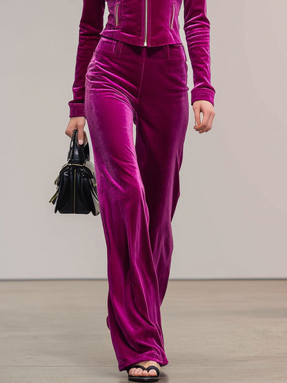 Vintage Rose Velvet Zipper Short Jacket And Pants Set