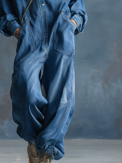 Casual Loose-fit Hooded Blue Denim Button-front Long-sleeved Jumpsuit